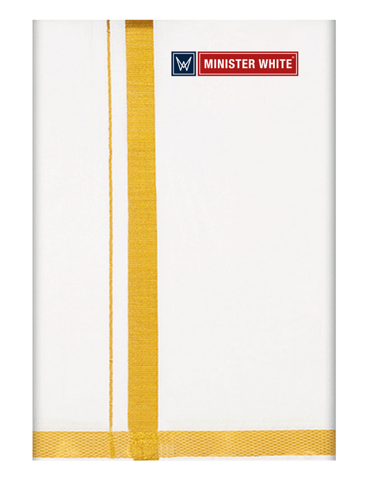 Mens Cotton White Double Layered Dhoti with 3/4" Gold Jari Border - Omkar