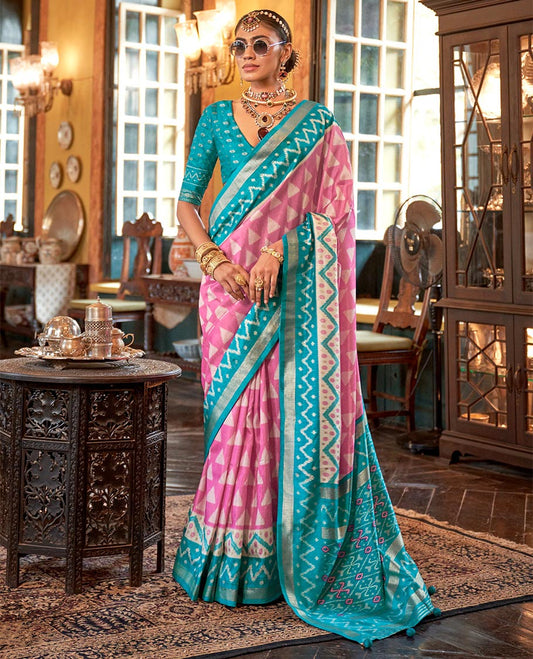 Pink triangle buttas patola designer catalog saree, contrast ikkat geometric border and pallu of ikkat jaal design
