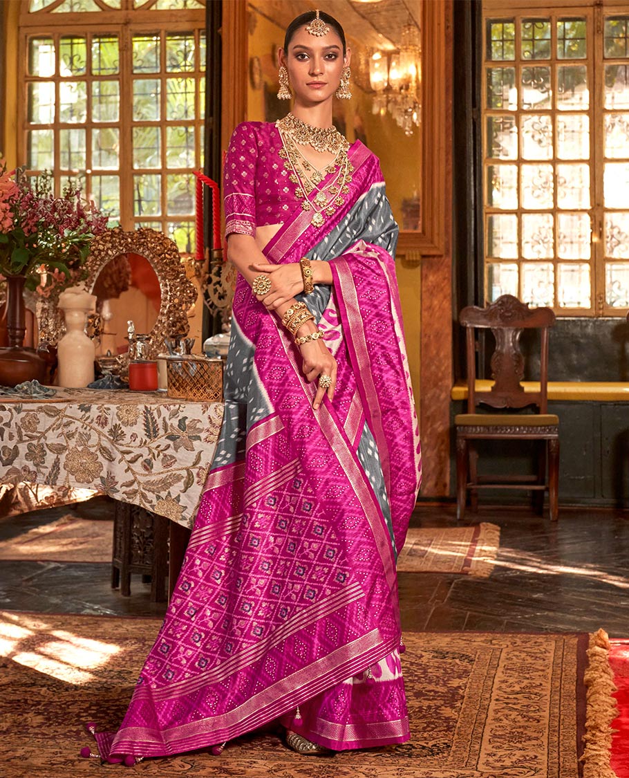 Grey diamond buttas patola designer catalog saree, contrast ikkat geometric and paisleys border and pallu of ikkat jaal design