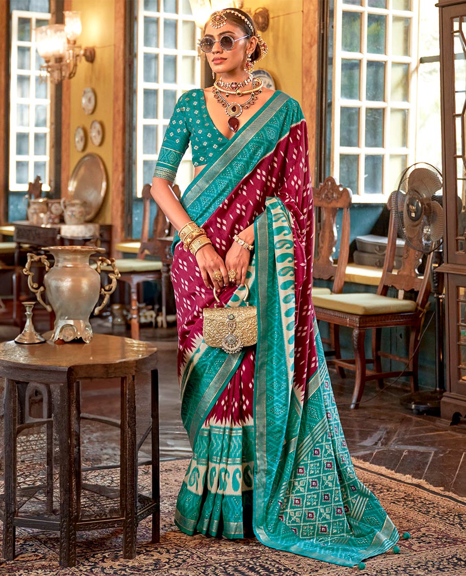 Maroon diamond buttas patola designer catalog saree, contrast ikkat geometric and paisleys border and pallu of ikkat jaal design