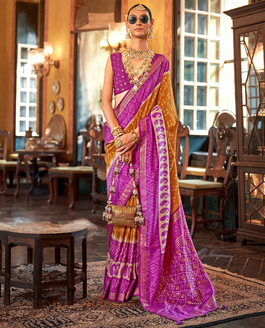 Orange diamond buttas patola designer catalog saree, contrast ikkat geometric and paisleys border and pallu of ikkat jaal design