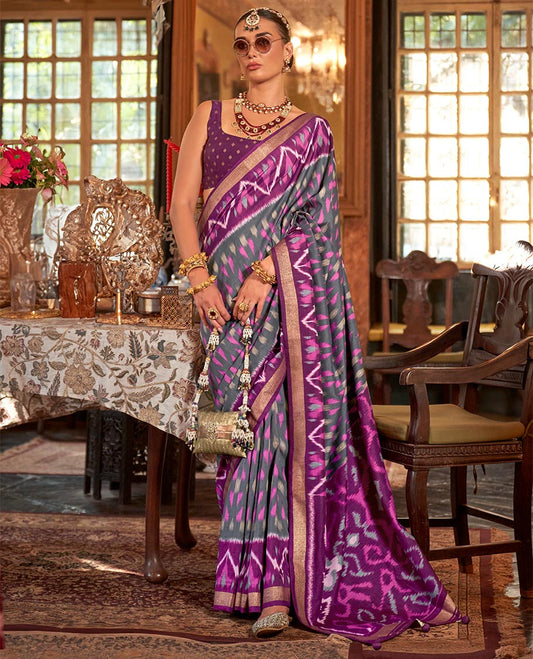 Grey ikkat buttas designer catalog saree, contrast chevron ikkat patterned border, pallu of ikkat design