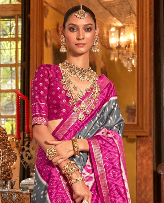 Grey diamond buttas patola designer catalog saree, contrast ikkat geometric and paisleys border and pallu of ikkat jaal design