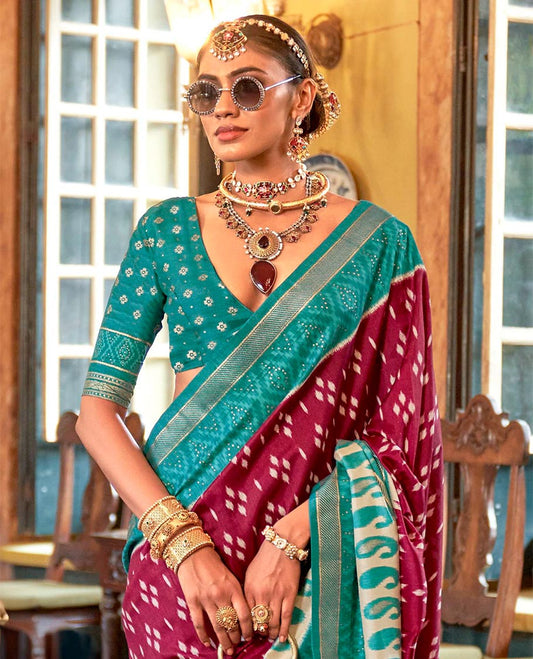 Maroon diamond buttas patola designer catalog saree, contrast ikkat geometric and paisleys border and pallu of ikkat jaal design