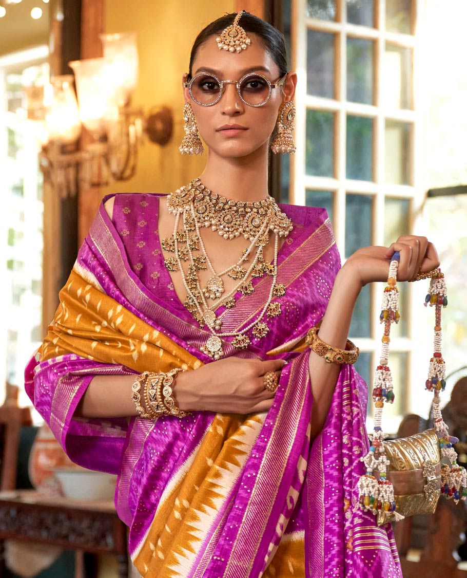 Orange diamond buttas patola designer catalog saree, contrast ikkat geometric and paisleys border and pallu of ikkat jaal design