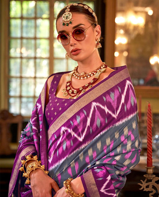 Grey ikkat buttas designer catalog saree, contrast chevron ikkat patterned border, pallu of ikkat design