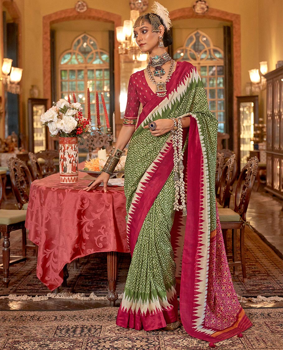 Light green  jaal patterned patola designer catalog saree, contrast temple border, and patola design pallu