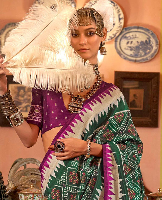 Green diamond patterned patola designer catalog saree, contrast temple border, and patola design pallu