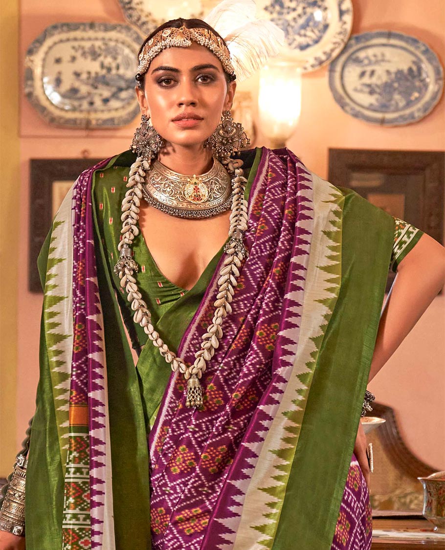 Purple diamond patterned patola designer catalog saree, contrast temple border, and patola design pallu