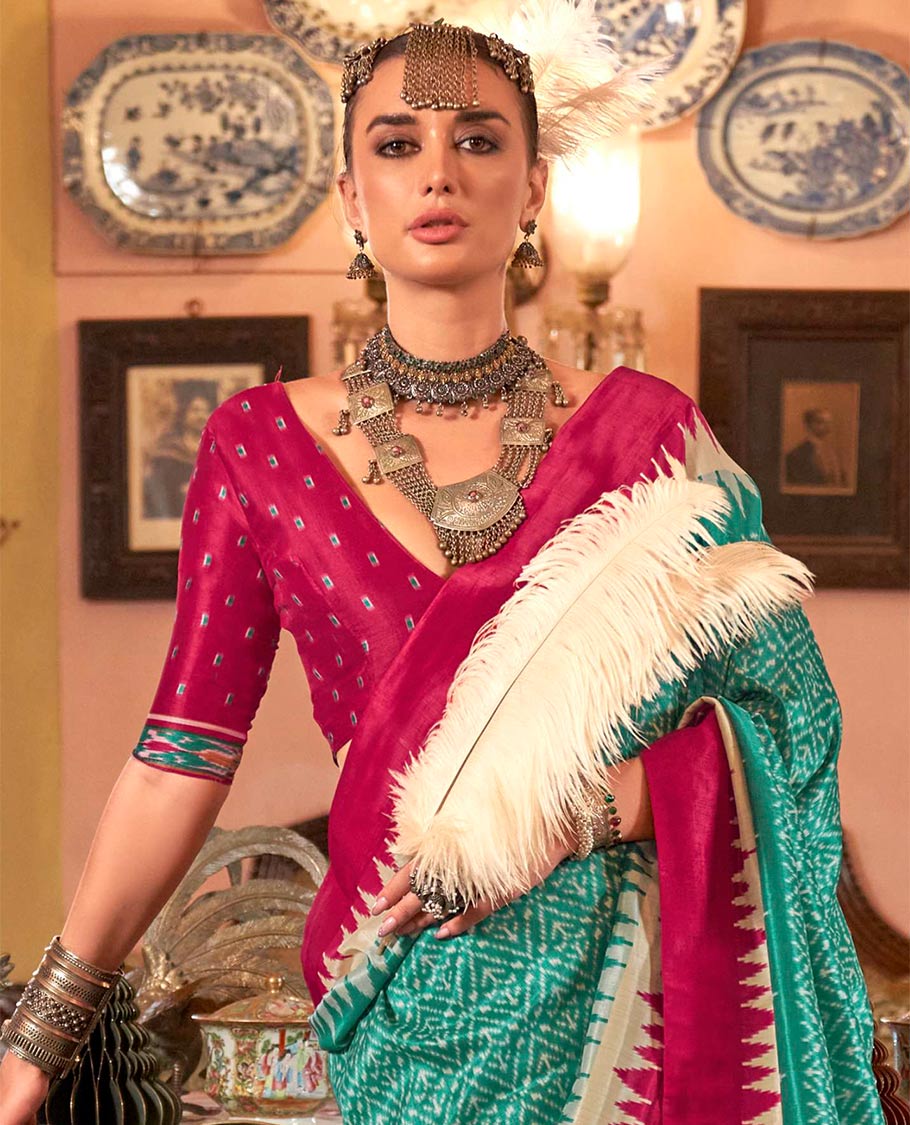 Green jaal patterned patola designer catalog saree, contrast temple border, and patola design pallu