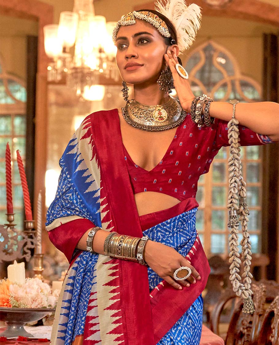 Royal blue  jaal patterned patola designer catalog saree, contrast temple border, and patola design pallu