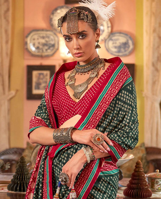 Green diamond patola designer catalog saree, contrast patola border, and intricately patola designed pallu