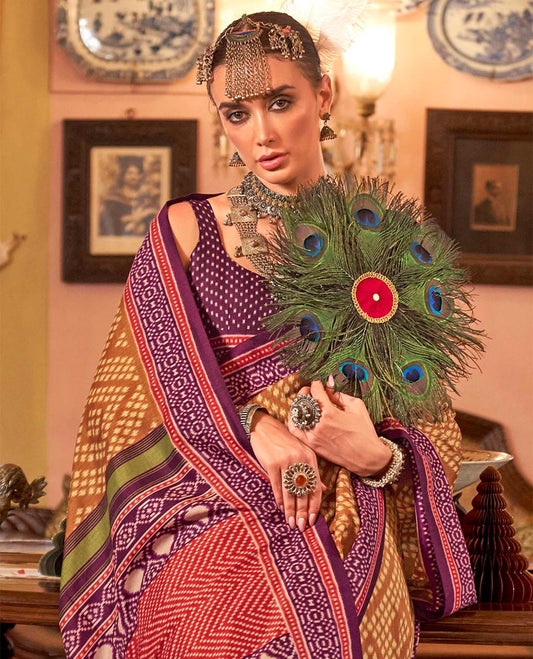 Gold diamond patola designer catalog saree, contrast patola border, and intricately patola designed pallu