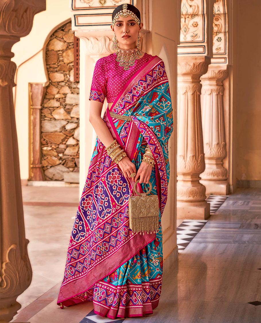Blue-pink buttas enclosed jaal patterned patola designer catalog saree, contrast border and pallu of patola designs