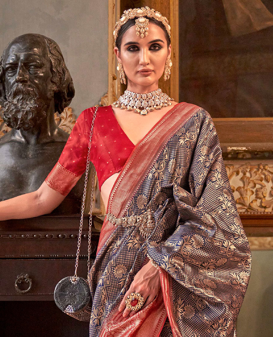 Navy blue zari jacquard designer saree, contrast zari border, and contrast intricately woven pallu
