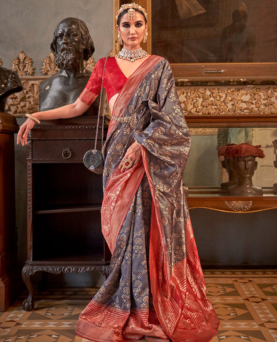 Navy blue zari jacquard designer saree, contrast zari border, and contrast intricately woven pallu