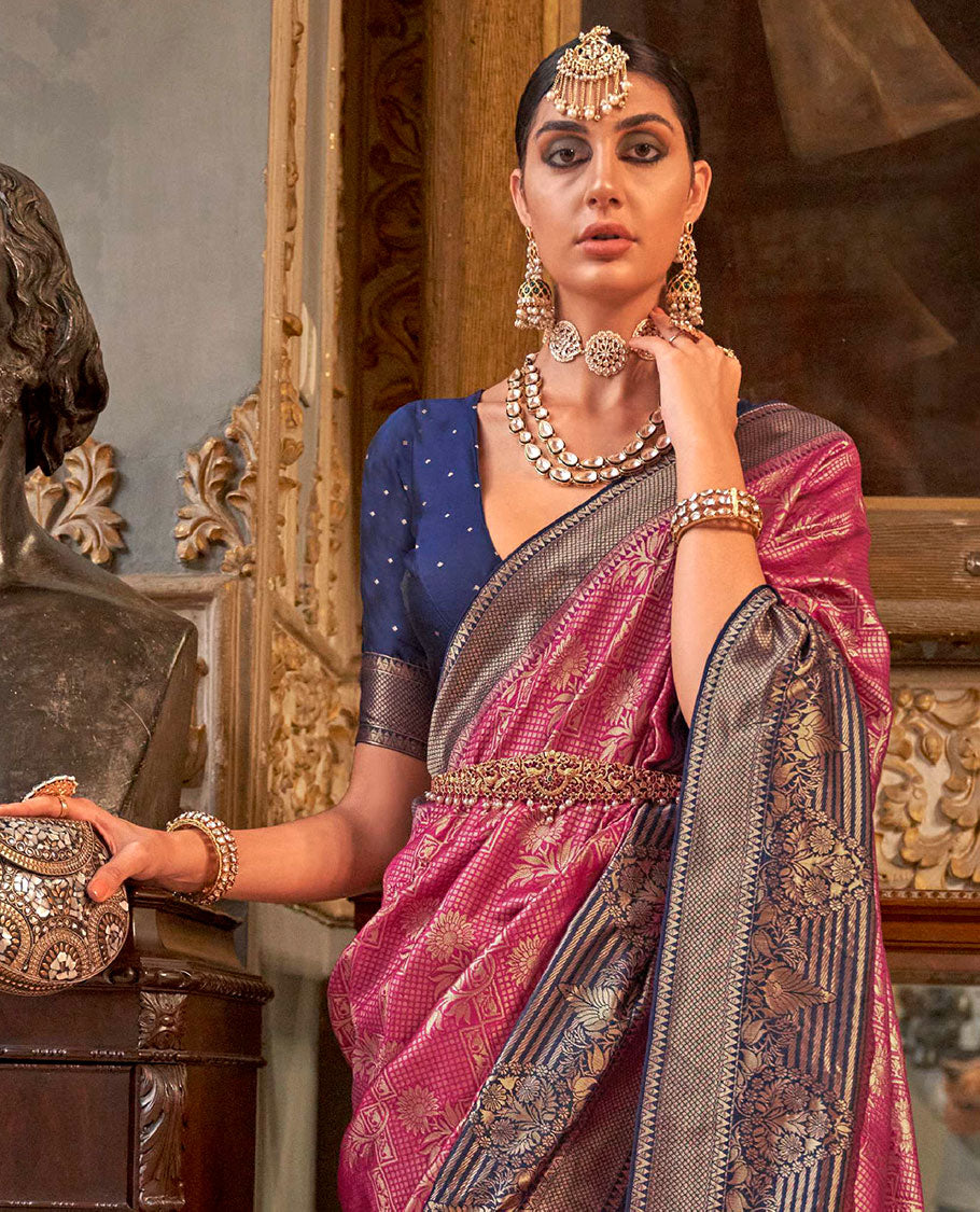 Magenta zari jacquard designer saree, contrast zari border, and contrast intricately woven pallu