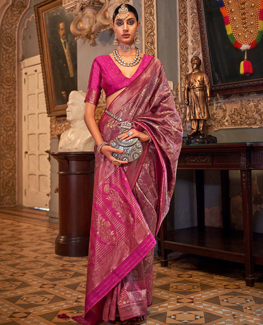 Purple zari jacquard designer saree, contrast zari border, and contrast intricately woven pallu