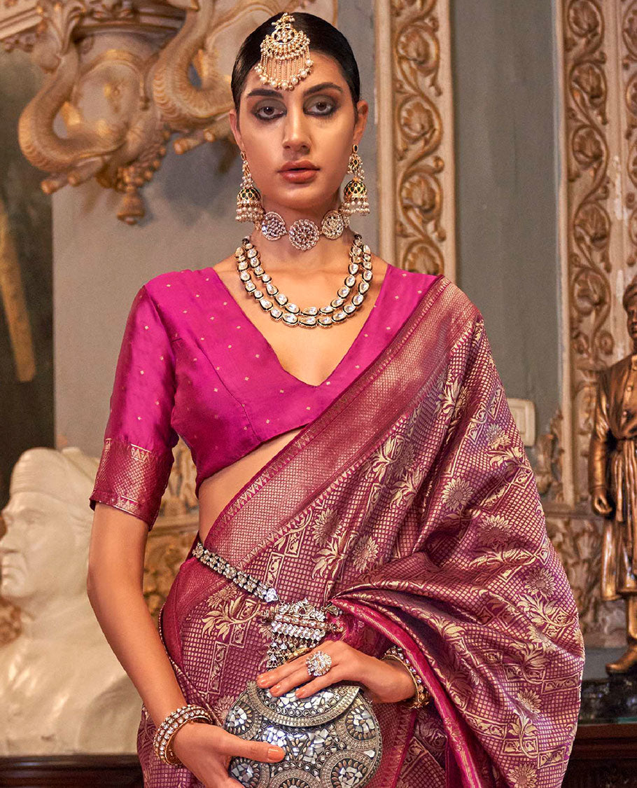 Purple zari jacquard designer saree, contrast zari border, and contrast intricately woven pallu