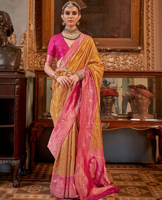 Orange zari jacquard designer saree, contrast zari border, and contrast intricately woven pallu