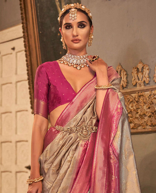 Grey zari jacquard designer saree, contrast zari border, and contrast intricately woven pallu