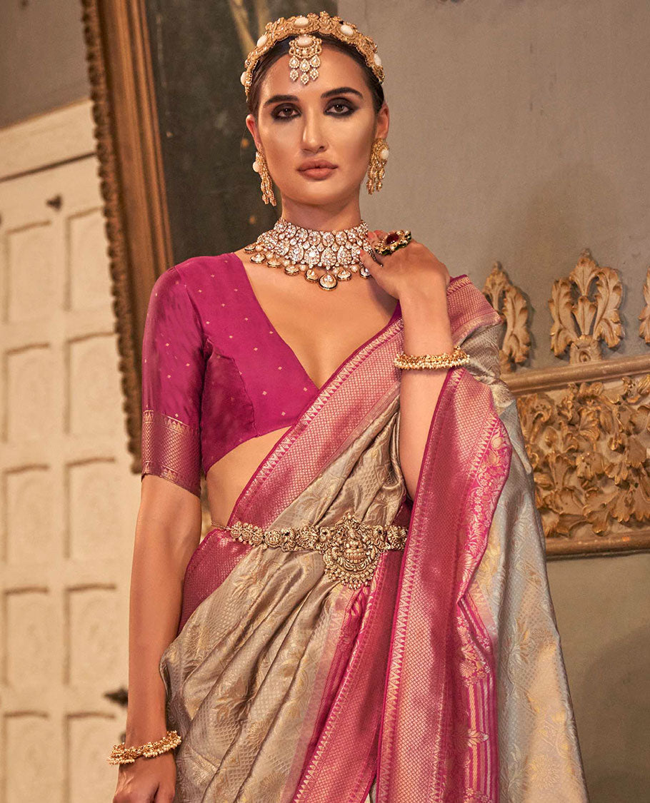 Grey zari jacquard designer saree, contrast zari border, and contrast intricately woven pallu