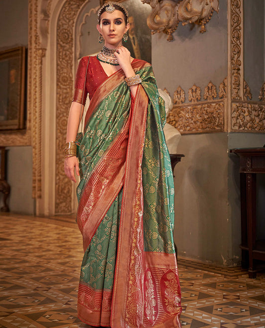 Green zari jacquard designer saree, contrast zari border, and contrast intricately woven pallu