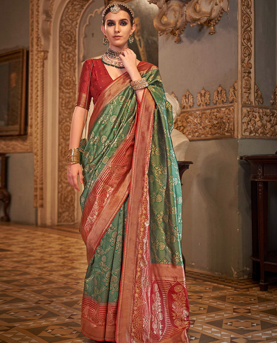 Green zari jacquard designer saree, contrast zari border, and contrast intricately woven pallu