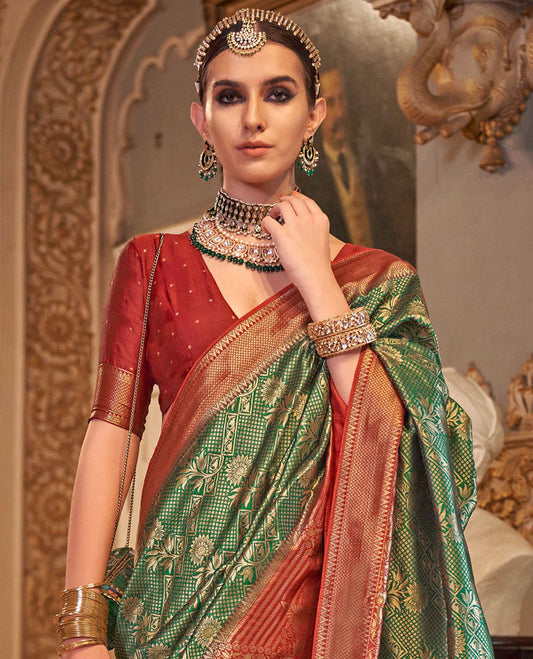 Green zari jacquard designer saree, contrast zari border, and contrast intricately woven pallu