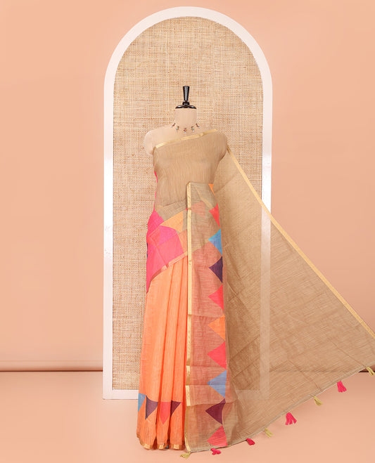 Multi-colored plain with triangle motifs linen cotton saree, silver zari border, plain with tassels, and a contrast silver zari bordered blouse