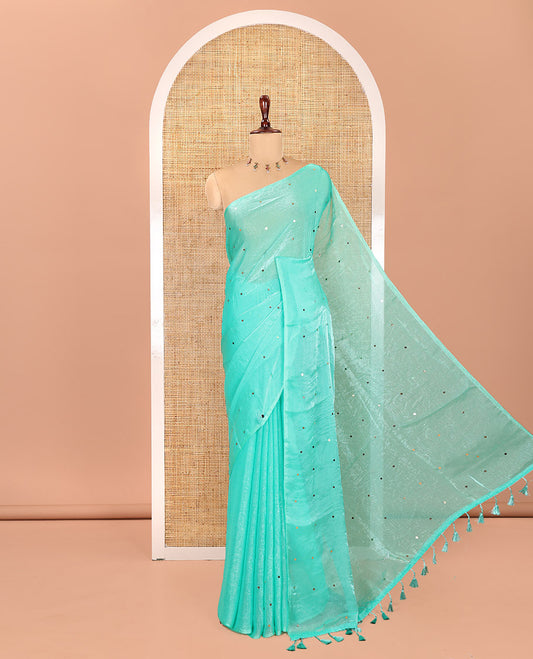 Borderless Turquoise Fendy Chiffon Saree, Gleamed Up with Sequin Work on Its Body, Highlighted by a Self-Pallu of Sequin Work, and Paired with a Matching Blouse