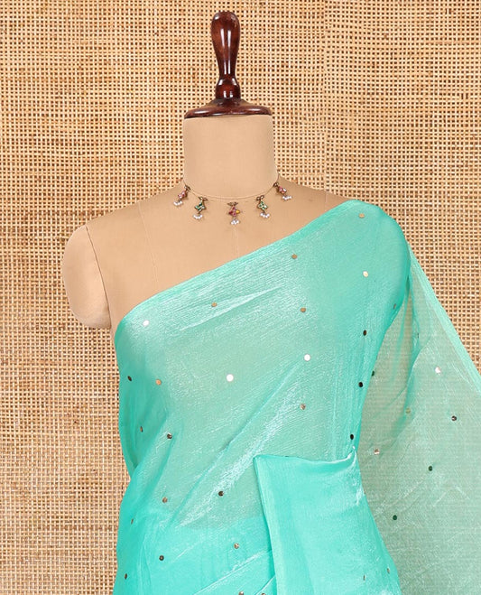 Borderless Turquoise Fendy Chiffon Saree, Gleamed Up with Sequin Work on Its Body, Highlighted by a Self-Pallu of Sequin Work, and Paired with a Matching Blouse