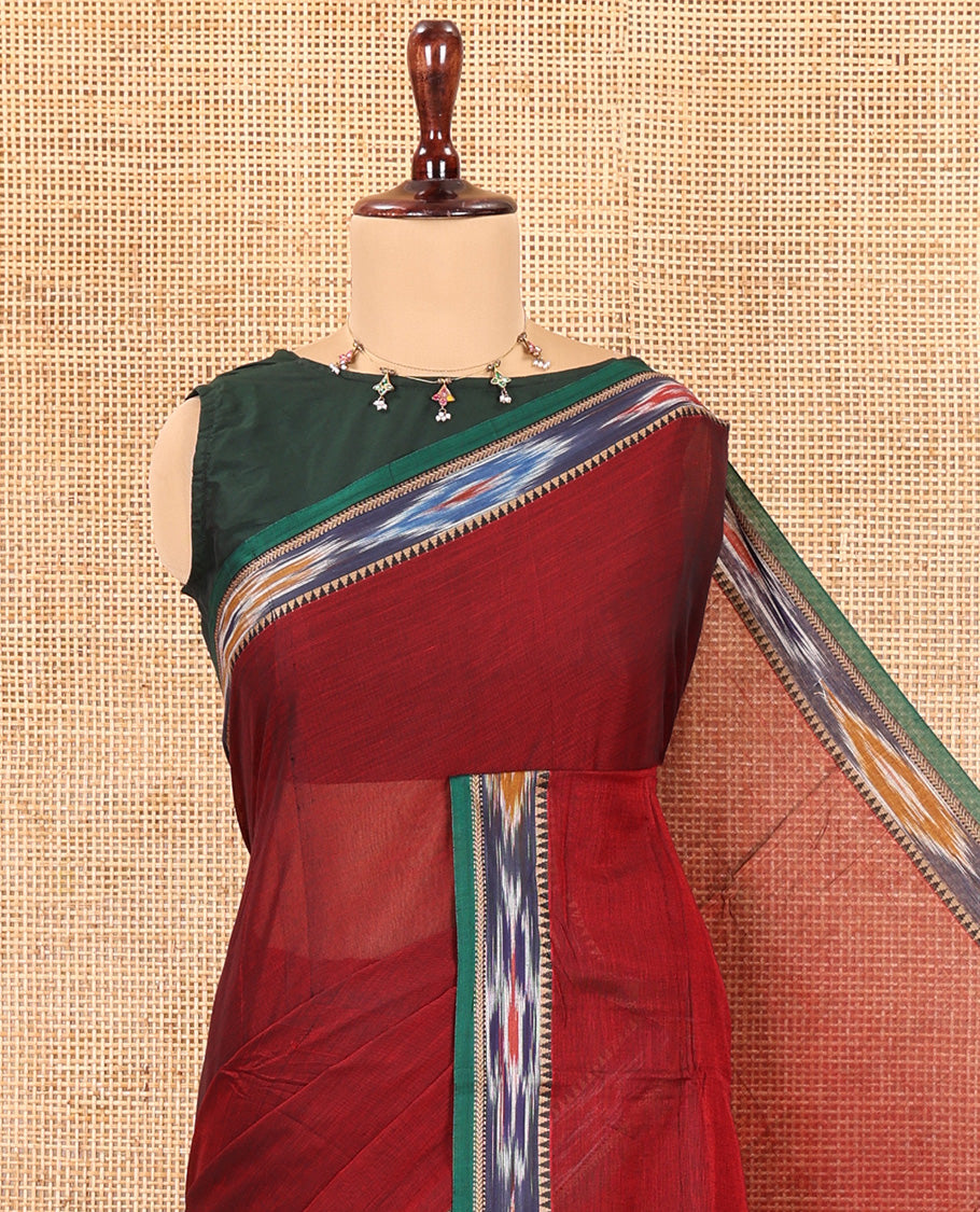Maroon Plain Mercerised Cotton Saree, a Contrast Ikat Border, an Ikat Weave Pallu, and a Matching Blouse
