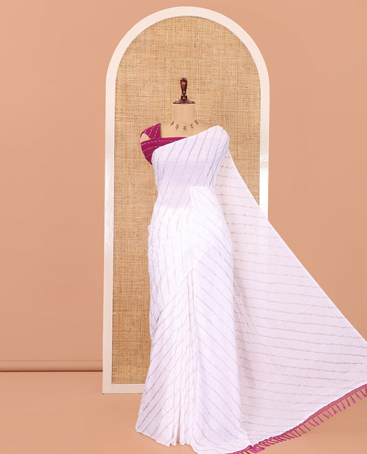 Borderless White-Purple Rangoli Chiffon Saree, Gleamed Up with Foil-Printed Leheriya Stripes, a Contrast Sequins Blouse