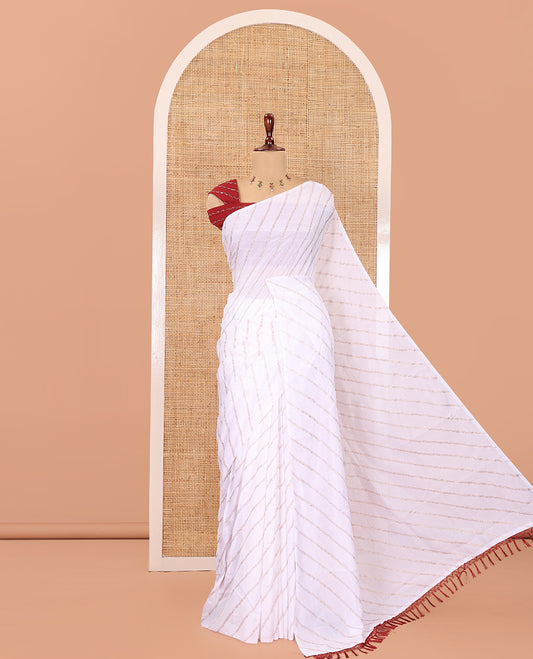 Borderless White-Maroon Rangoli Chiffon Saree, Gleamed Up with Foil-Printed Leheriya Stripes, a Contrast Sequins Blouse