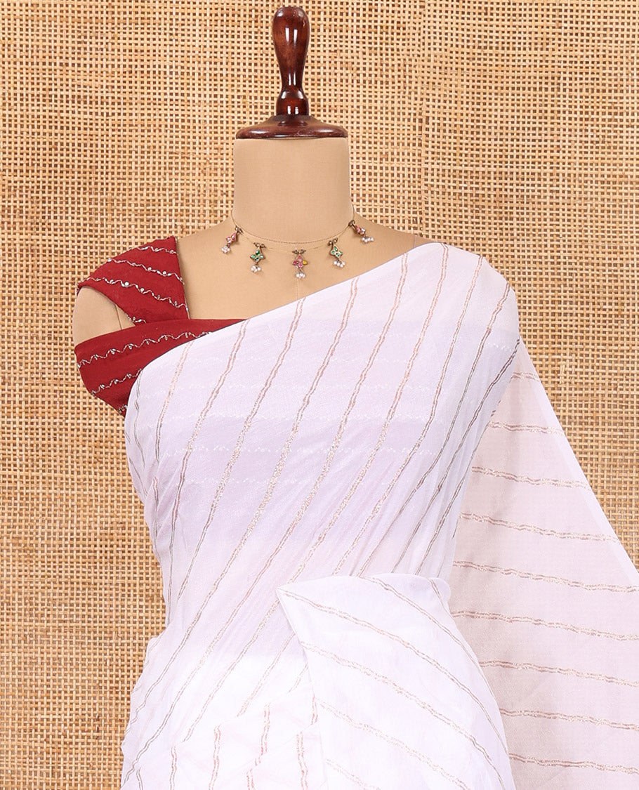 Borderless White-Maroon Rangoli Chiffon Saree, Gleamed Up with Foil-Printed Leheriya Stripes, a Contrast Sequins Blouse