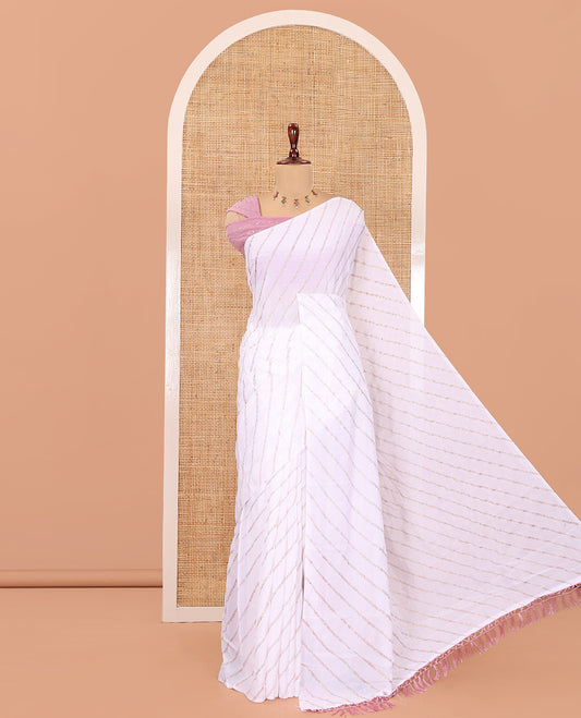 Borderless White-Onion Pink Rangoli Chiffon Saree, Gleamed Up with Foil-Printed Leheriya Stripes, a Contrast Sequins Blouse