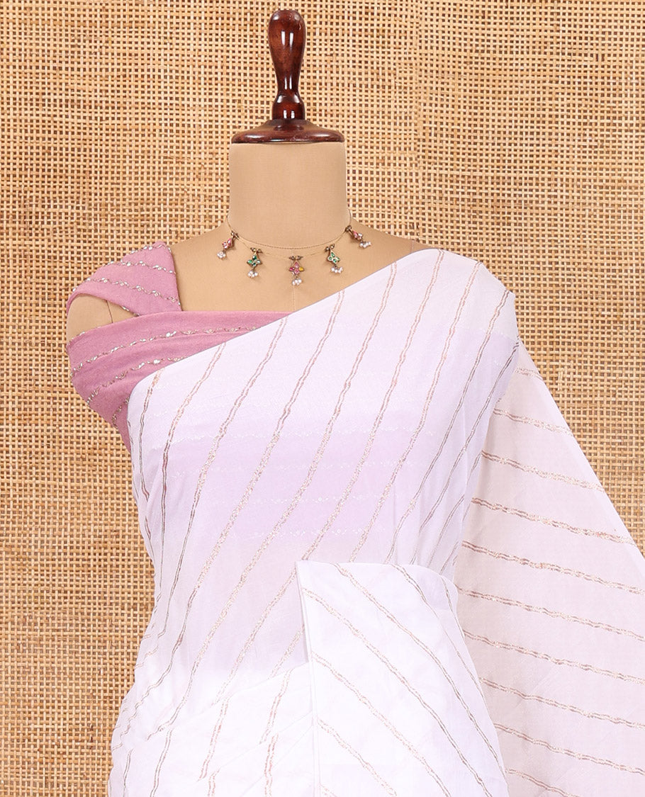 Borderless White-Onion Pink Rangoli Chiffon Saree, Gleamed Up with Foil-Printed Leheriya Stripes, a Contrast Sequins Blouse