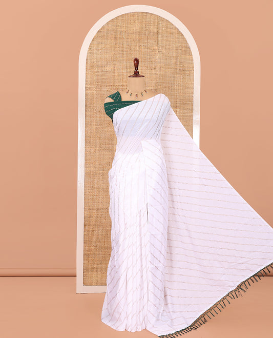 Borderless White-Green Rangoli Chiffon Saree, Gleamed Up with Foil-Printed Leheriya Stripes, a Contrast Sequins Blouse