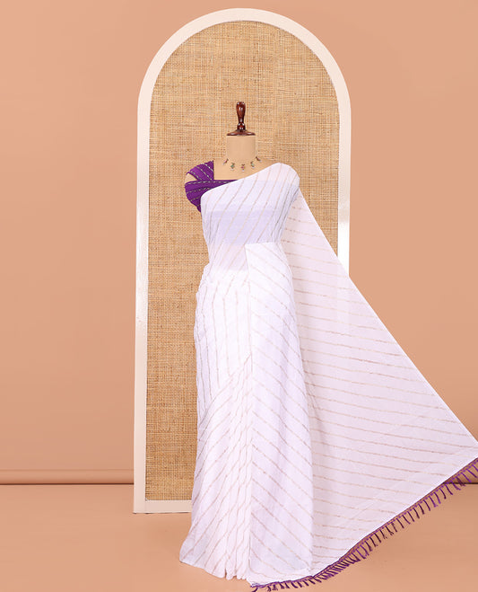 Borderless White-Violet Rangoli Chiffon Saree, Gleamed Up with Foil-Printed Leheriya Stripes, a Contrast Sequins Blouse