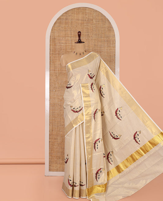 Gold Kerala Tissue Saree, Artfully Detailed with Vallam Kali Motifs, Gold Zari Border, a Self-Pallu, a Matching Blouse