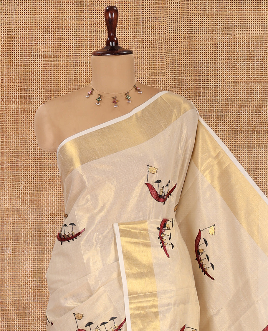 Gold Kerala Tissue Saree, Artfully Detailed with Vallam Kali Motifs, Gold Zari Border, a Self-Pallu, a Matching Blouse
