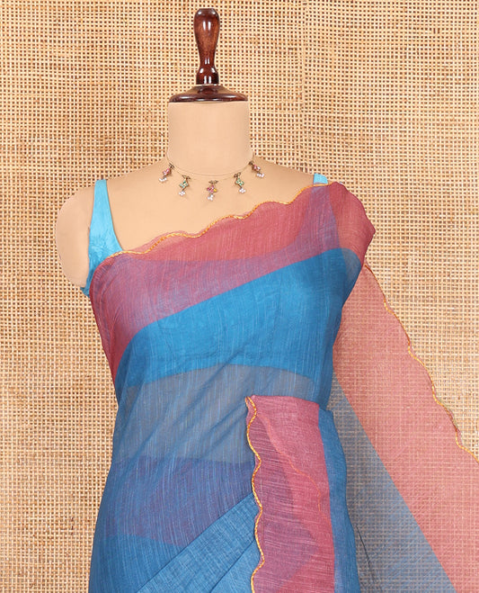 Dusky Blue Plain Linen Cotton Saree, Contrast Plain Scallop Border, a Self-Pallu, and Contrast Kalamkari Printed Blouse