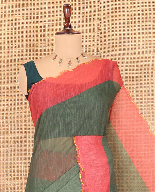 Green Plain Linen Cotton Saree, Contrast Plain Scallop Border, a Self-Pallu, and Contrast Kalamkari Printed Blouse