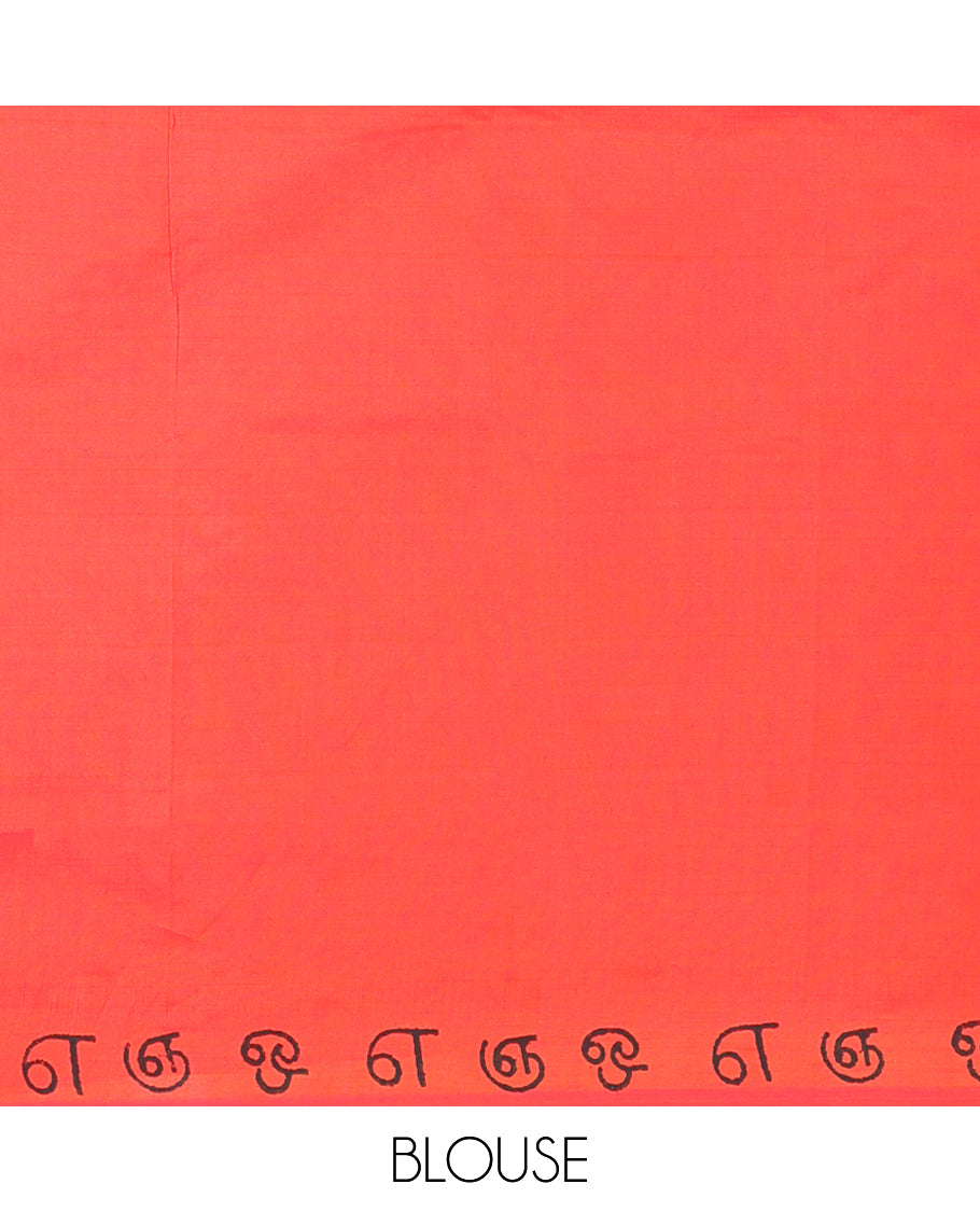 Borderless Red South Cotton Saree, Steeped with Tamil Letters Print, Has a Matching and Contrast Block Printed Blouse
