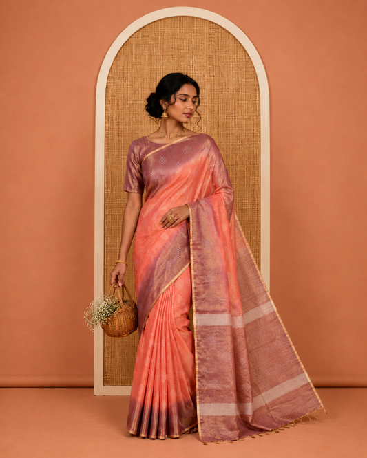 Rust Orange Bhagalpur Cotton Saree, Adorned with Buttas, Complemented by a Contrast Border, Pallu, and a Contrast Blouse