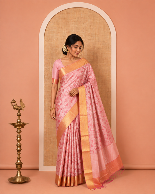 Pink Tissue Saree, Gleamed Up with Leaf Jacquard Design, Zari Traditional Border, a Self-Pallu, and a Matching Blouse