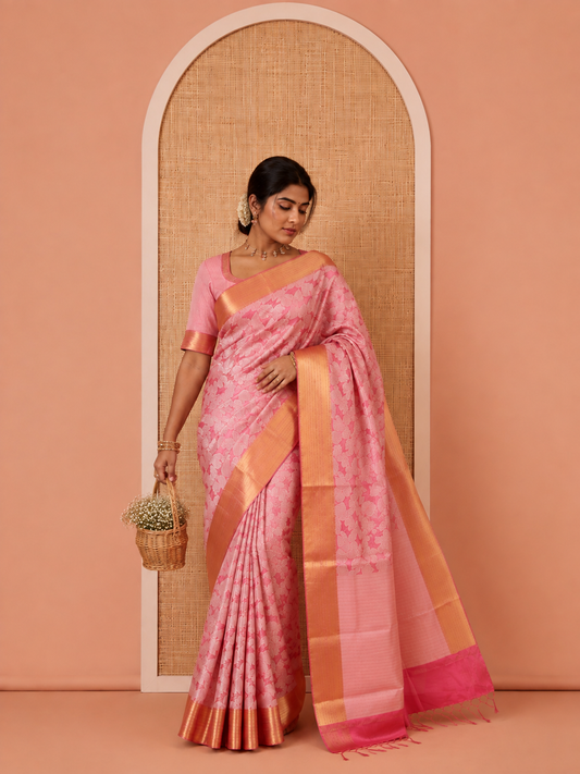 Onion Pink Tissue Saree, Gleamed Up with Leaf Jacquard Design, Zari Traditional Border, a Self-Pallu, and a Matching Blouse