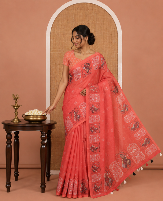 Red Linen Cotton Saree, Adorned with Buttas and Mirror Work, an Intricate Printed Border, and a Matching Blouse