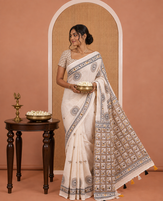 Cream Linen Cotton Saree, Artfully Printed with Warli Motifs and Mirrorwork, Self-Border, Warli Pallu, Matching Blouse